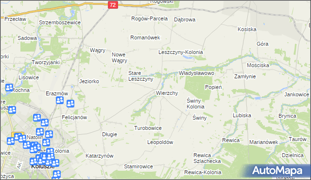 mapa Wierzchy gmina Koluszki, Wierzchy gmina Koluszki na mapie Targeo