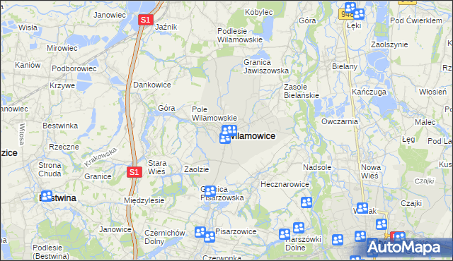 mapa Wilamowice powiat bielski, Wilamowice powiat bielski na mapie Targeo