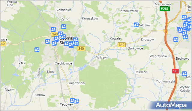 mapa Wilczyn gmina Oborniki Śląskie, Wilczyn gmina Oborniki Śląskie na mapie Targeo