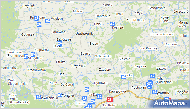 mapa Wilkowisko gmina Jodłownik, Wilkowisko gmina Jodłownik na mapie Targeo