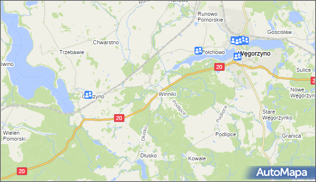 mapa Winniki gmina Węgorzyno, Winniki gmina Węgorzyno na mapie Targeo
