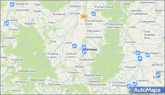 mapa Wiśniowa powiat myślenicki, Wiśniowa powiat myślenicki na mapie Targeo