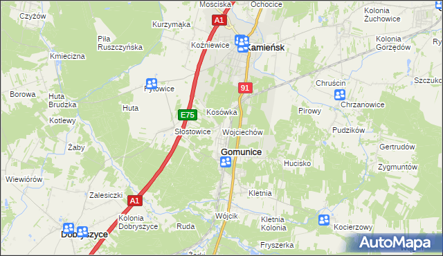 mapa Wojciechów gmina Gomunice, Wojciechów gmina Gomunice na mapie Targeo