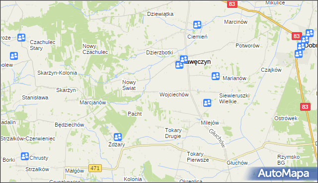 mapa Wojciechów gmina Kawęczyn, Wojciechów gmina Kawęczyn na mapie Targeo