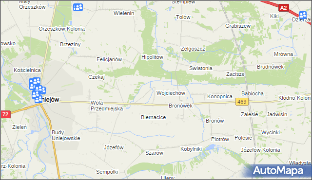 mapa Wojciechów gmina Wartkowice, Wojciechów gmina Wartkowice na mapie Targeo