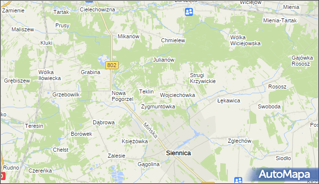 mapa Wojciechówka gmina Siennica, Wojciechówka gmina Siennica na mapie Targeo
