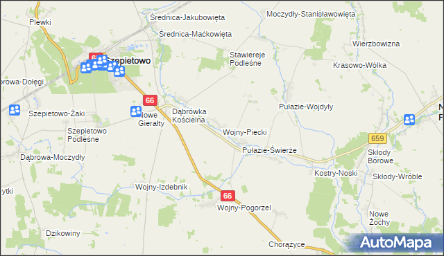 mapa Wojny-Piecki, Wojny-Piecki na mapie Targeo