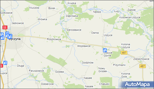 mapa Wojsławice gmina Byczyna, Wojsławice gmina Byczyna na mapie Targeo