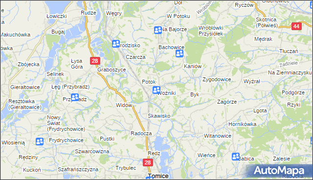 mapa Woźniki gmina Tomice, Woźniki gmina Tomice na mapie Targeo