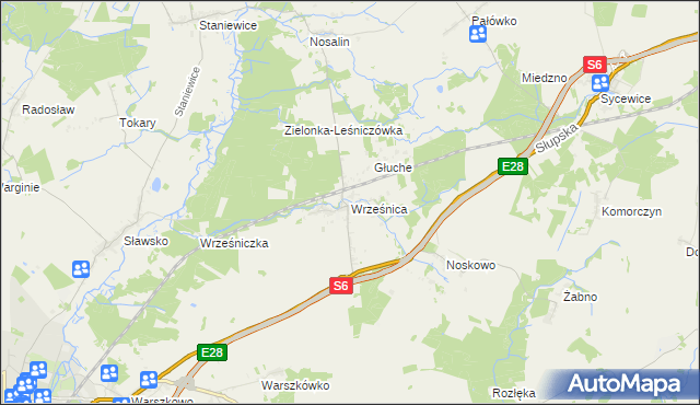 mapa Wrześnica gmina Sławno, Wrześnica gmina Sławno na mapie Targeo