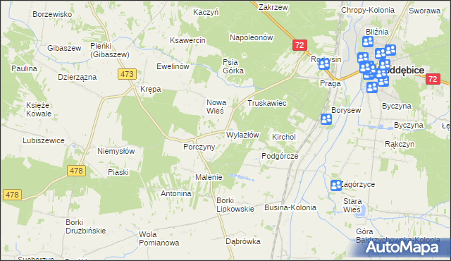 mapa Wylazłów gmina Poddębice, Wylazłów gmina Poddębice na mapie Targeo