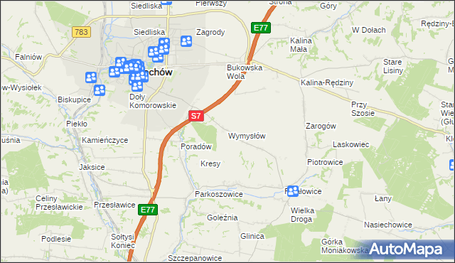 mapa Wymysłów gmina Miechów, Wymysłów gmina Miechów na mapie Targeo