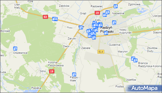 mapa Zabiele gmina Radzyń Podlaski, Zabiele gmina Radzyń Podlaski na mapie Targeo