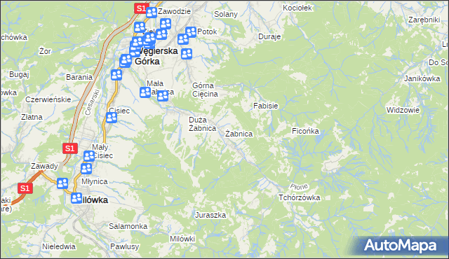 mapa Żabnica gmina Węgierska Górka, Żabnica gmina Węgierska Górka na mapie Targeo