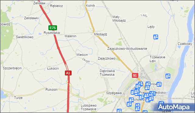 mapa Zajączkowo gmina Tczew, Zajączkowo gmina Tczew na mapie Targeo