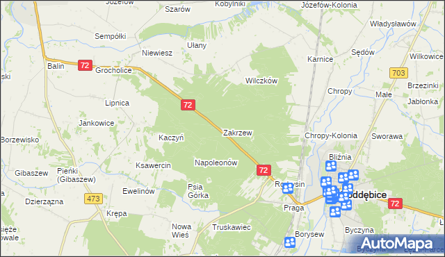 mapa Zakrzew gmina Poddębice, Zakrzew gmina Poddębice na mapie Targeo