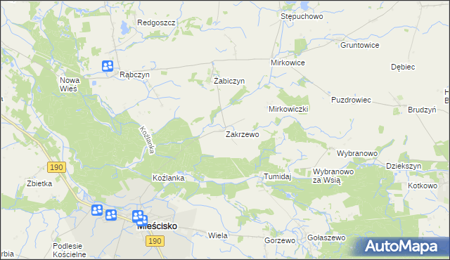 mapa Zakrzewo gmina Mieścisko, Zakrzewo gmina Mieścisko na mapie Targeo