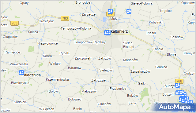 mapa Zakrzów gmina Skalbmierz, Zakrzów gmina Skalbmierz na mapie Targeo