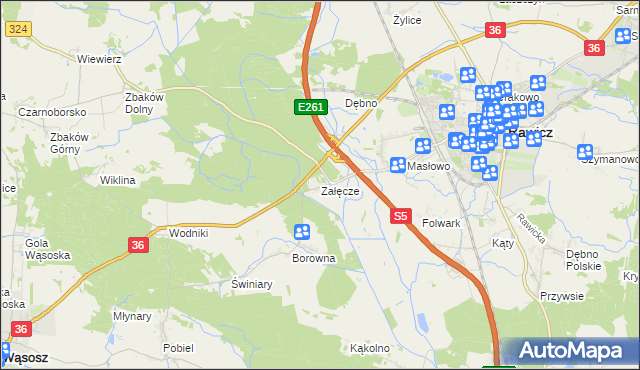 mapa Załęcze gmina Rawicz, Załęcze gmina Rawicz na mapie Targeo