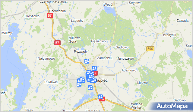 mapa Zameczek gmina Biskupiec, Zameczek gmina Biskupiec na mapie Targeo