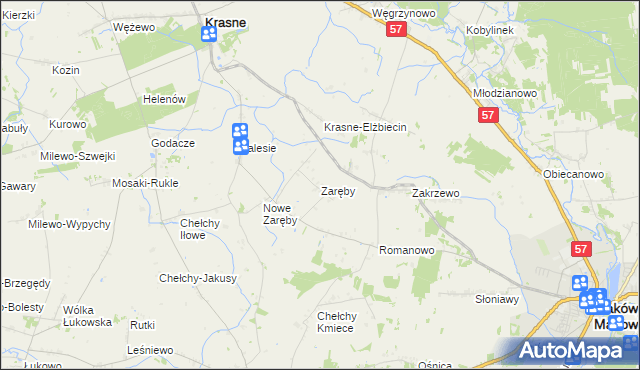 mapa Zaręby gmina Karniewo, Zaręby gmina Karniewo na mapie Targeo