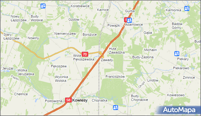mapa Zawady gmina Kowiesy, Zawady gmina Kowiesy na mapie Targeo