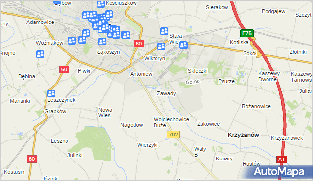 mapa Zawady gmina Krzyżanów, Zawady gmina Krzyżanów na mapie Targeo