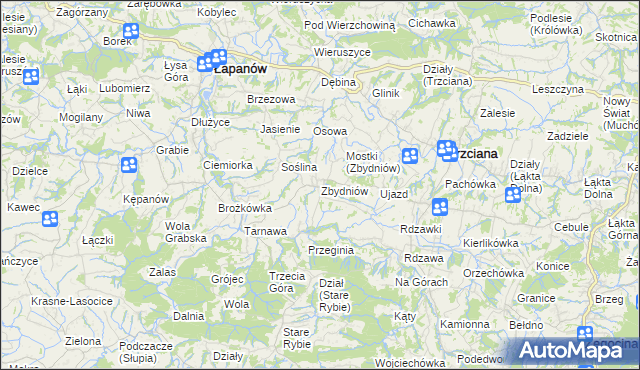 mapa Zbydniów gmina Łapanów, Zbydniów gmina Łapanów na mapie Targeo