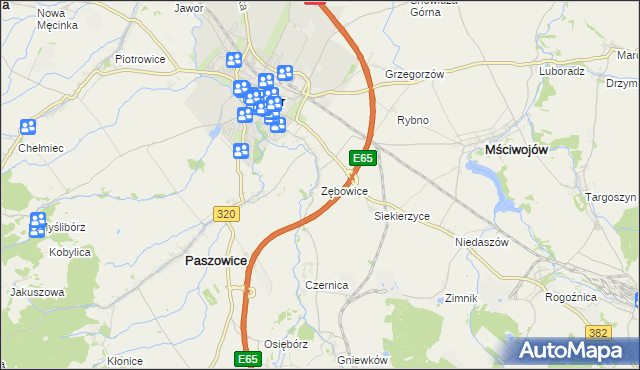 mapa Zębowice gmina Paszowice, Zębowice gmina Paszowice na mapie Targeo