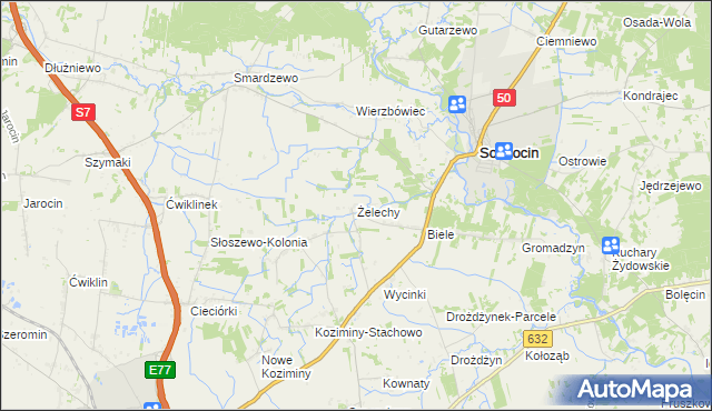 mapa Żelechy gmina Sochocin, Żelechy gmina Sochocin na mapie Targeo