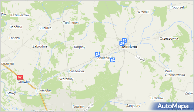 mapa Żeleźniki gmina Miedzna, Żeleźniki gmina Miedzna na mapie Targeo