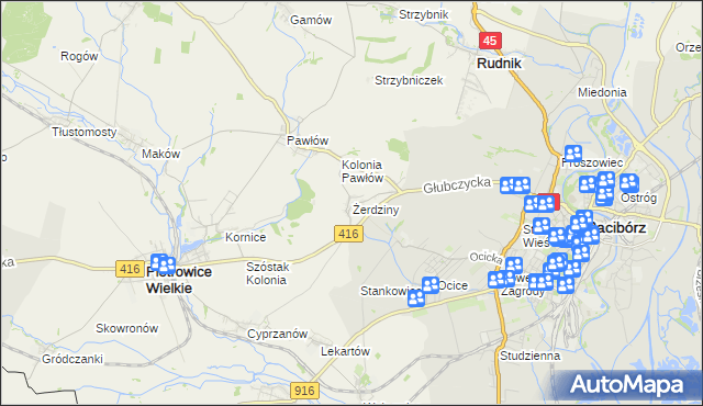 mapa Żerdziny gmina Pietrowice Wielkie, Żerdziny gmina Pietrowice Wielkie na mapie Targeo