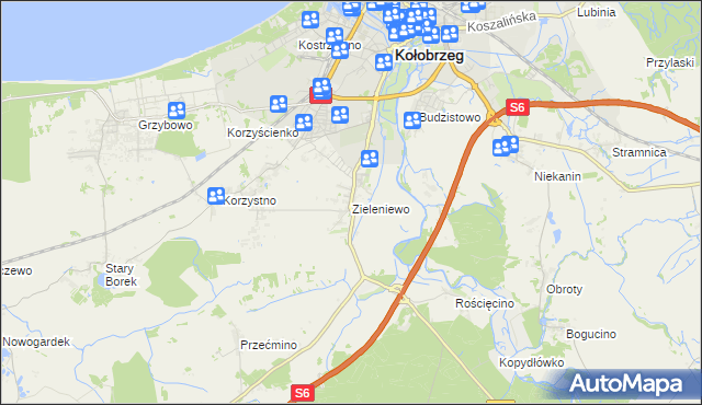 mapa Zieleniewo gmina Kołobrzeg, Zieleniewo gmina Kołobrzeg na mapie Targeo