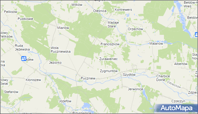 mapa Żurawieniec gmina Lutomiersk, Żurawieniec gmina Lutomiersk na mapie Targeo