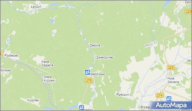 mapa Zwierzyniec gmina Krzyż Wielkopolski, Zwierzyniec gmina Krzyż Wielkopolski na mapie Targeo