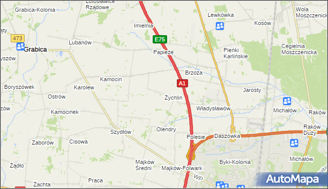 mapa Żychlin gmina Grabica, Żychlin gmina Grabica na mapie Targeo