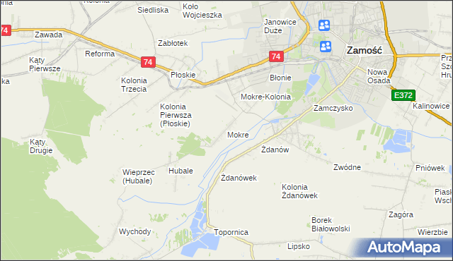 mapa Mokre gmina Zamość, Mokre gmina Zamość na mapie Targeo