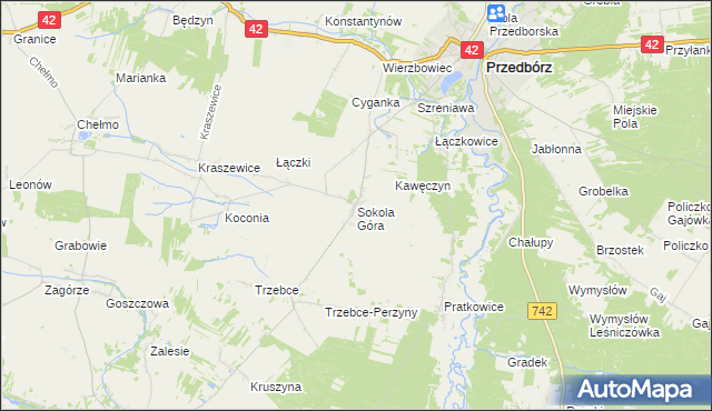 mapa Sokola Góra gmina Wielgomłyny, Sokola Góra gmina Wielgomłyny na mapie Targeo