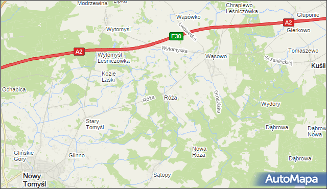 mapa Róża gmina Nowy Tomyśl, Róża gmina Nowy Tomyśl na mapie Targeo