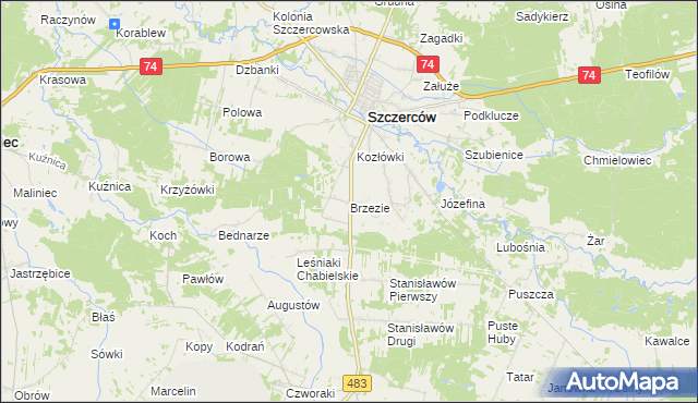 mapa Brzezie gmina Szczerców, Brzezie gmina Szczerców na mapie Targeo