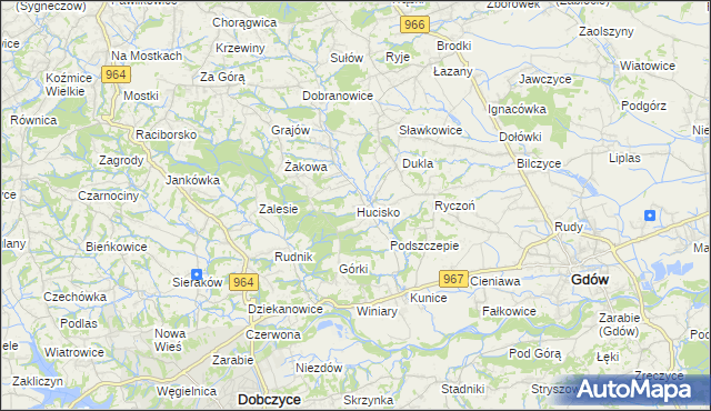 mapa Hucisko gmina Gdów, Hucisko gmina Gdów na mapie Targeo