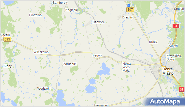 mapa Łęgno gmina Dobre Miasto, Łęgno gmina Dobre Miasto na mapie Targeo