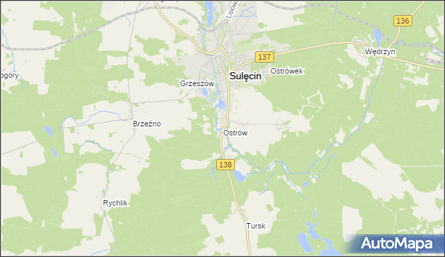 mapa Ostrów gmina Sulęcin, Ostrów gmina Sulęcin na mapie Targeo