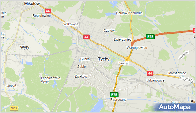 mapa Tych&oacute;w, Tychy na mapie Targeo