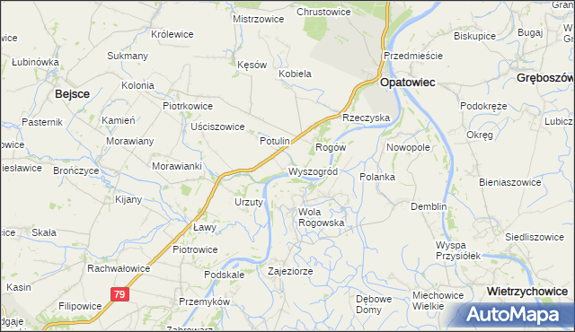 mapa Wyszogród gmina Opatowiec, Wyszogród gmina Opatowiec na mapie Targeo