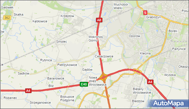 mapa Cesarzowice gmina Kąty Wrocławskie, Cesarzowice gmina Kąty Wrocławskie na mapie Targeo