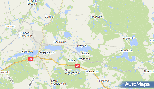 mapa Przytoń gmina Węgorzyno, Przytoń gmina Węgorzyno na mapie Targeo