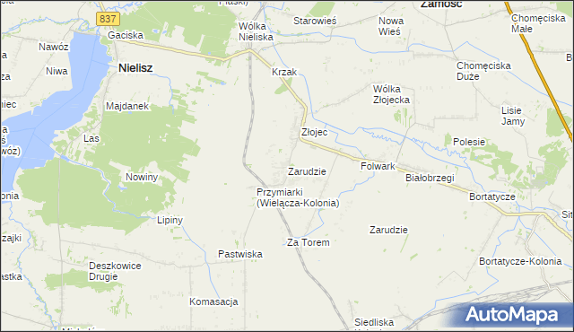 mapa Zarudzie gmina Nielisz, Zarudzie gmina Nielisz na mapie Targeo