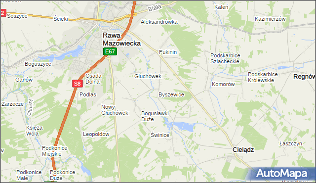 mapa Byszewice gmina Rawa Mazowiecka, Byszewice gmina Rawa Mazowiecka na mapie Targeo