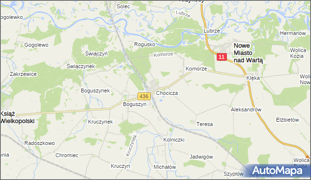 mapa Chocicza gmina Nowe Miasto nad Wartą, Chocicza gmina Nowe Miasto nad Wartą na mapie Targeo